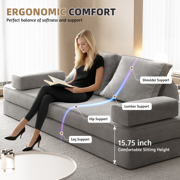 English Elm 86.6"Multifunctional Folding Sofa Bed with Chaise, Fluffy Chenille, Removable Backs & Pillows, Deep Seat Lounge LIGHT GREY W3219P340666