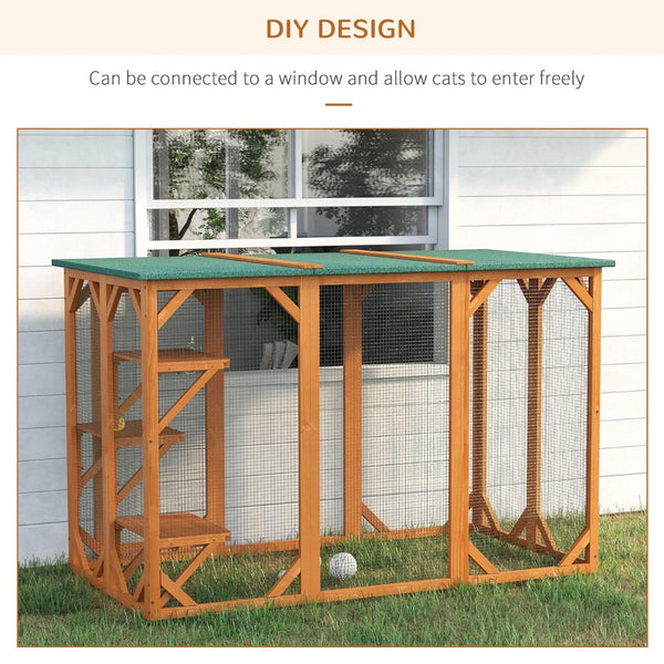 English Elm Pawhut Wooden Outdoor Catio Enclosure with Mesh Walls Climbing Platforms Asphalt Roof W2225P173769