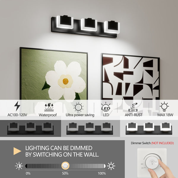 English Elm 3 Modern Black LED Vanity Light 3-Head Up/Down Wall Fixture 6000K Dimmable Iron Acrylic Bath W2312P374942