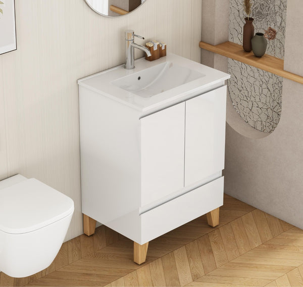 English Elm 24-inch Glossy White Bathroom Vanity Combo with Ceramic Sink and Solid Wood Feet W3151S00066