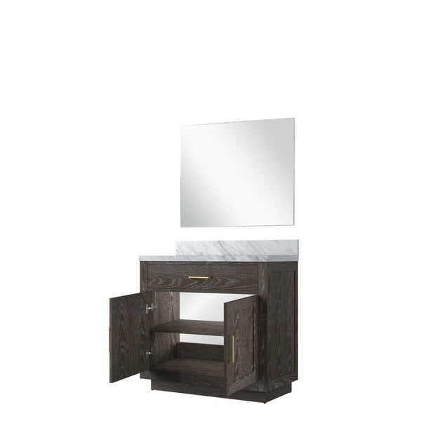 English Elm Brown Oak Single Bath Vanity With Carrara Marble Top & Frameless Mirror – Stylish & Functional Design B2731S01395