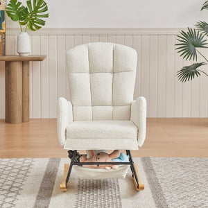 English Elm Beige Plush Teddy Fabric Rocking Chair High Back Armchair for Nursery or Reading Nook Beige W3985P386790