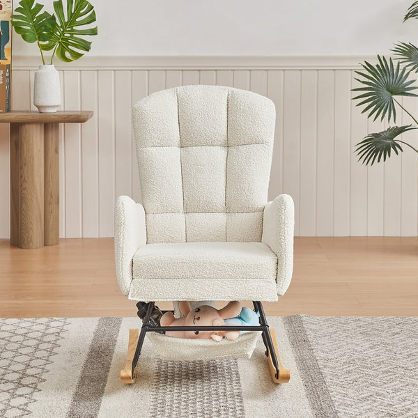 English Elm Beige Plush Teddy Fabric Rocking Chair High Back Armchair for Nursery or Reading Nook Beige W3985P386790