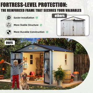 English Elm Outdoor Metal Storage Shed 8x8 Ft with Four Windows and Lockable Double Doors White W1598S00037