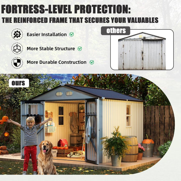 English Elm Outdoor Metal Storage Shed 8x8 Ft with Four Windows and Lockable Double Doors White W1598S00037