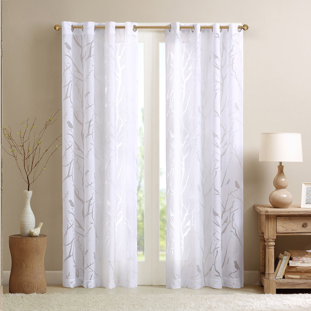 JLA Home Madison Park - Grommet Sheer Curtain Panel with Bird & Branch Burnout, Silver Grommets, Soft Light Filtering Elegance 63 L x 50 W x 0.13H MP40-3007