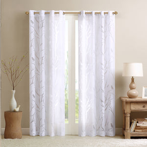 Madison Park Averil Modern/Contemporary Grommet Top Sheer Bird on Branches Burnout Window Curtain MP40-1050 White