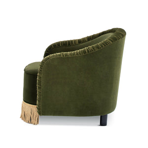 English Elm Jennifer Taylor Home - Serena Olive Green Performance Velvet Barrel Back Accent Chair with Ruched Texture & Bullion Fringe Elegance B2719P355285