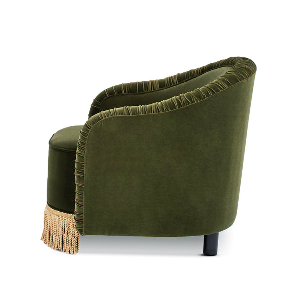 English Elm Jennifer Taylor Home - Serena Olive Green Performance Velvet Barrel Back Accent Chair with Ruched Texture & Bullion Fringe Elegance B2719P355285