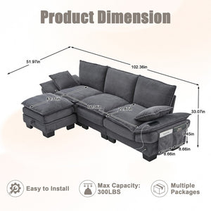 English Elm Sectional Cloud Sofa Modular Deep Seat Corduroy Upholstered Living Room Couch with Storage Dark Gray W395S00133
