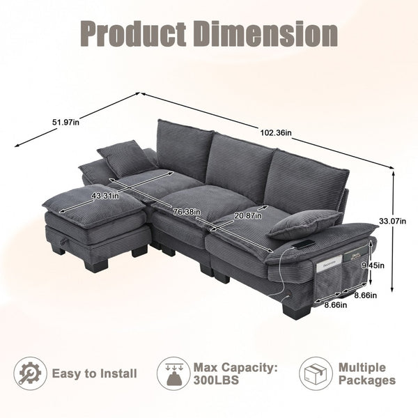 English Elm Sectional Cloud Sofa Modular Deep Seat Corduroy Upholstered Living Room Couch with Storage Dark Gray W395S00133