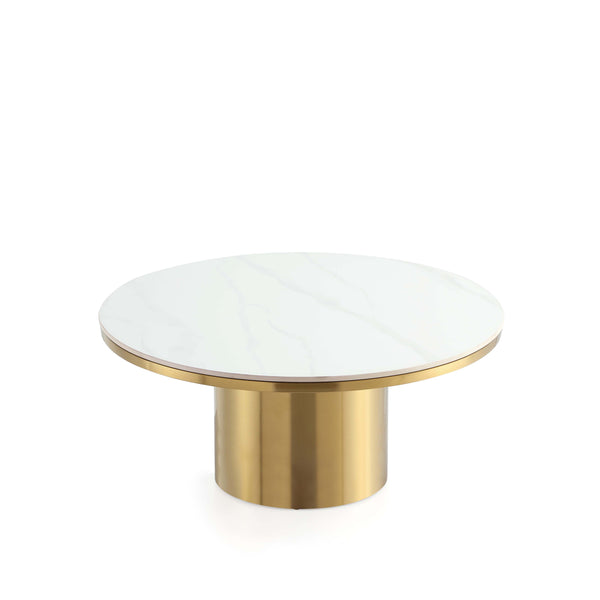 English Elm Glenn Sintered Stone Top Coffee Table – Gold Round 31.5" Top, Modern Stainless Steel Base, Elegant Living centerpiece B365S00058