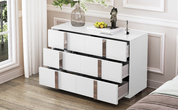 English Elm Elegant Mirrored Modern Dresser with 6 Drawers, White MDF & Metal Frame, Space-Saving Stylish Storage Solution WF319354AAK