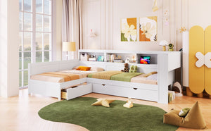 English Elm Wood Twin L-shaped Platform Bed Trundle Shelves Charging Station Kids Room White N7090001045K-1