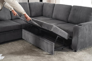 English Elm Sectional Corduroy Sleeper Sofa with Storage and Charging Ports for Small Spaces Grey W1361S00077