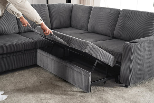 English Elm Sectional Corduroy Sleeper Sofa with Storage and Charging Ports for Small Spaces Grey W1361S00077