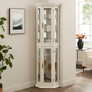 English Elm Lighted Corner Curio Cabinet - Elegant Glass Display With Adjustable Shelves & Bead Bulb Lighting - White W1758P300131