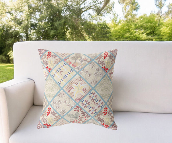 Homeroots 26” Cream Red Patch Indoor Outdoor Throw Pillow   414024
