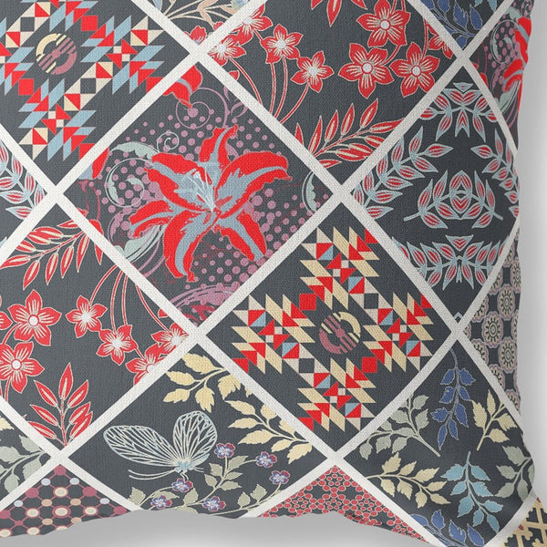 Homeroots 26” Black Red Patch Indoor Outdoor Throw Pillow   414041