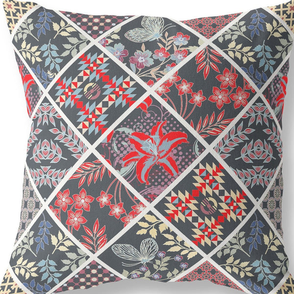 Homeroots 26” Black Red Patch Indoor Outdoor Throw Pillow   414041