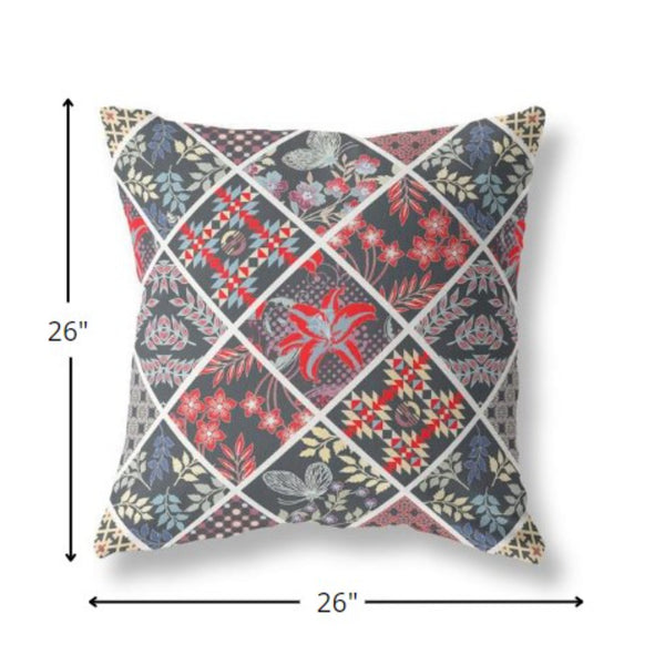 Homeroots 26” Black Red Patch Indoor Outdoor Throw Pillow   414041