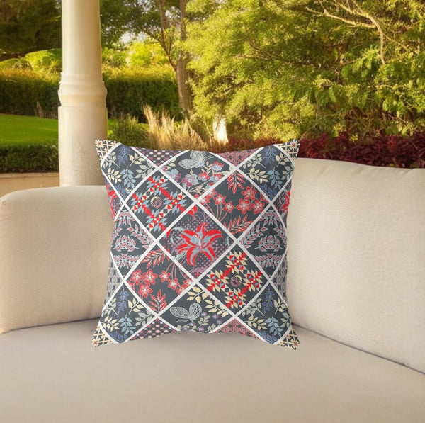 Homeroots 26” Black Red Patch Indoor Outdoor Throw Pillow   414041