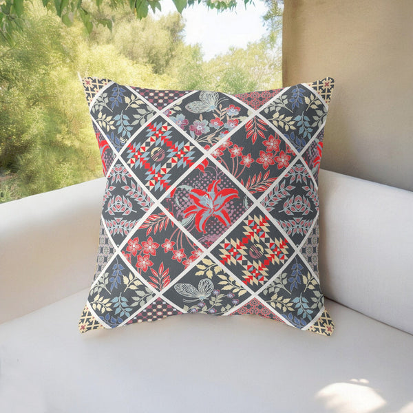 Homeroots 28” Black Red Patch Indoor Outdoor Throw Pillow   414043