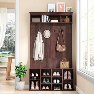 English Elm 70.9 Inch Freestanding Hall Tree with Bench Shoe Cubbies and 7 Hooks for Entryway Dark Walnut T3623P434554