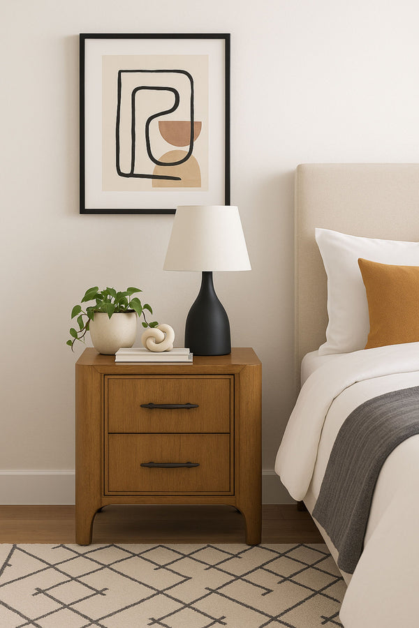 English Elm 2 Drawer Nightstand with Eucalyptus Veneer, Soft-Close Drawers, Felt-Lined Top Drawer & USB Port Tan 31 L x 22.5 W x 30.25 H B2699P395333