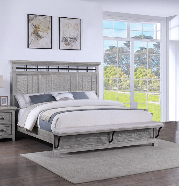 English Elm 1pc Rustic Charm Queen Bed with Soft Greige Finish, Natural Wood Grain Footboard Bench Panel Gray 86 L x 9.75 W x 5.5 H B2741S00189
