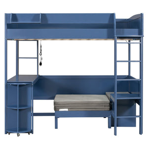 English Elm Full Size Loft Bed with Rotating Desk Led Lighting Sofa and Bookshelf Storage Navy Blue LT000200AAC
