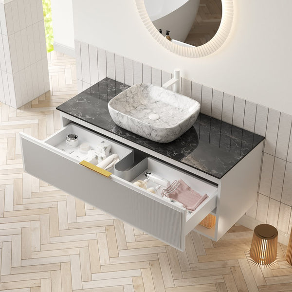 English Elm MALONE 48" Bathroom Vanity with Marble Ceramic Basin, Black Sintered Stone Top, LED Sensor Light, Soft-Close Storage W2615S00295