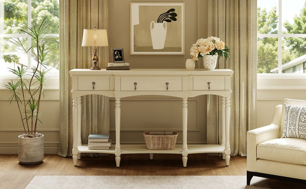 English Elm [video] Solid Pine Console Table Ornate Carved Legs Copper Hardware Soft-close Drawers White N759P433566K