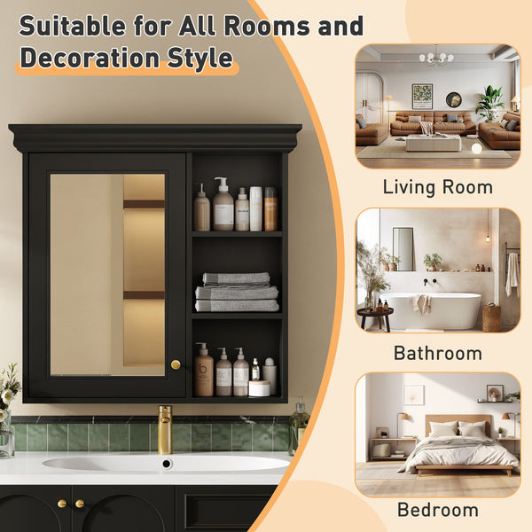 English Elm 30'' Wall-Mounted Medicine Cabinet with Mirror and Adjustable Shelves, Modern MDF Storage Organizer Black N710P209425B