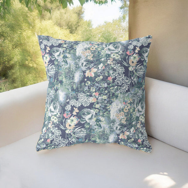Homeroots 28" Gray Indigo Springtime Indoor Outdoor Throw Pillow   414535