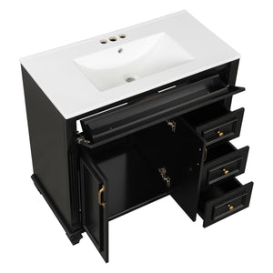 English Elm 36" Modern Bathroom Vanity with Ceramic Sink, Gold Handles, Flip-Out Drawer & Soft-Close Doors Black N725P283623B