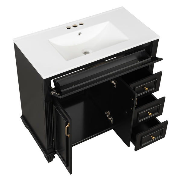 English Elm 36" Modern Bathroom Vanity with Ceramic Sink, Gold Handles, Flip-Out Drawer & Soft-Close Doors Black N725P283623B