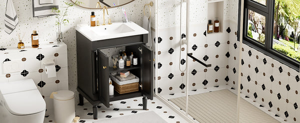 English Elm 24'' Modern Bathroom Vanity with Ceramic Basin, Solid Wood Frame, Soft-Close Doors, Ample Storage Black N710P190503B