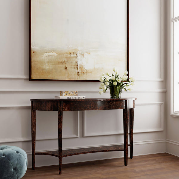 Butler Specialty Astor Demilune Console Table - Elegant Olive Ash Finish With Tapered Legs And Curvaceous Shelf Dark Brown Rubberwood Solids,Mdf,Resin,Cherry,Maple And Olive Ash Burl Veneers 4146446-butler