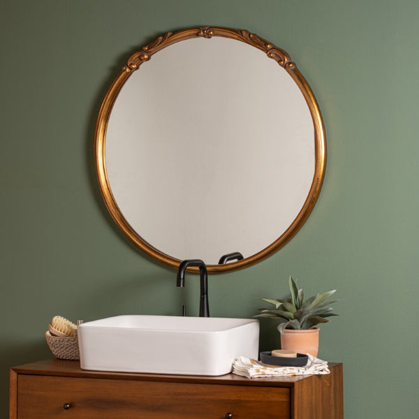 Cooper Classics Tristan Round Wall Mirror Antiqued Gold Frame Carved Molding Glam Vintage Accent 41466