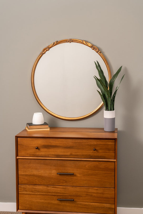 Cooper Classics Tristan Round Wall Mirror Antiqued Gold Frame Carved Molding Glam Vintage Accent 41466