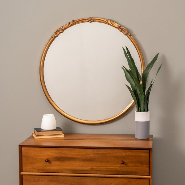 Cooper Classics Tristan Round Wall Mirror Antiqued Gold Frame Carved Molding Glam Vintage Accent 41466