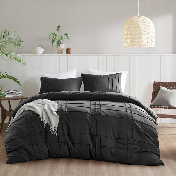 JLA Home Comfort Spaces - Soft Washed Pleated Duvet Cover Set with OEKO-TEX Soft Microfiber, Grid Pinch-Pleat, Button Closure, Breathable All-Season Comfort Black AM12-0157