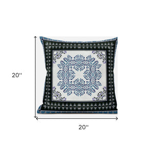 Homeroots 20" White Dark Blue And Light Blue Damask Indoor Outdoor Throw Pillow   414828