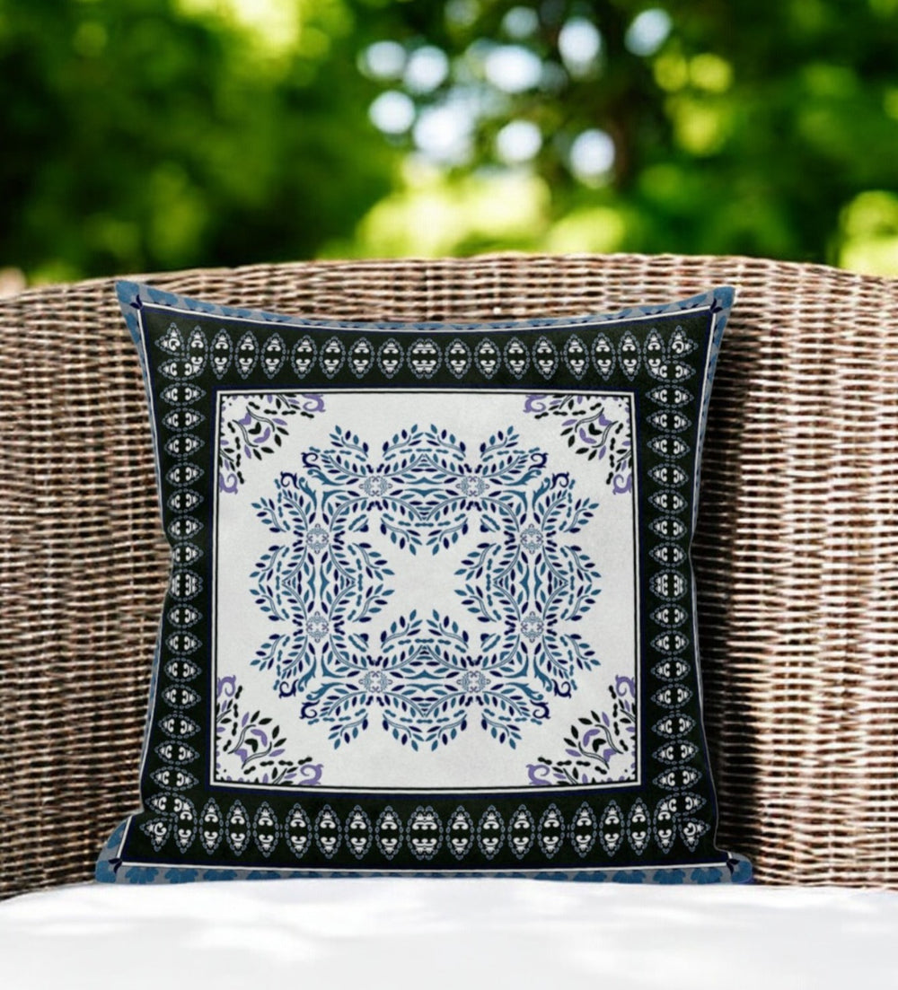 Homeroots 20" White Dark Blue And Light Blue Damask Indoor Outdoor Throw Pillow   414828