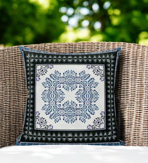 Homeroots 20" White Dark Blue And Light Blue Damask Indoor Outdoor Throw Pillow   414828