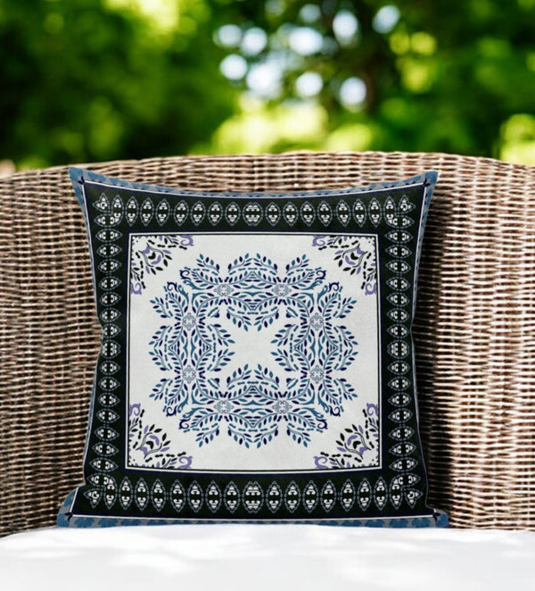 Homeroots 20" White Dark Blue And Light Blue Damask Indoor Outdoor Throw Pillow   414828