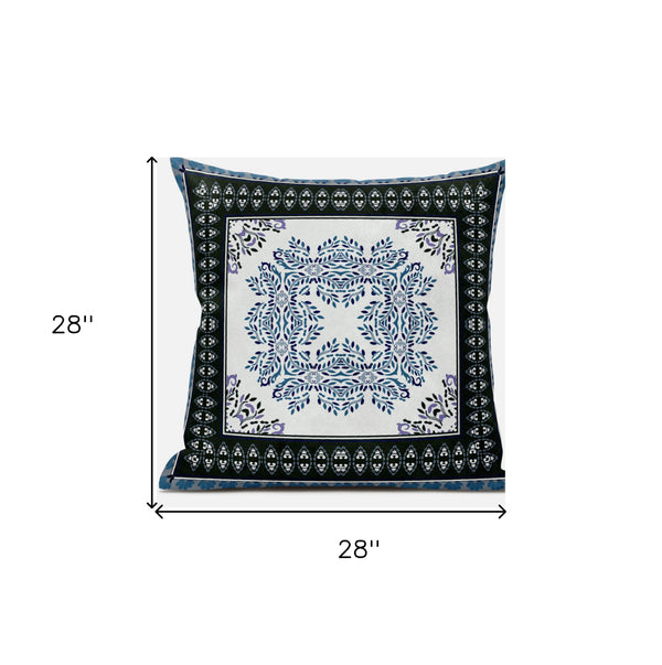 Homeroots 28" White Dark Blue And Light Blue Damask Indoor Outdoor Throw Pillow   414833