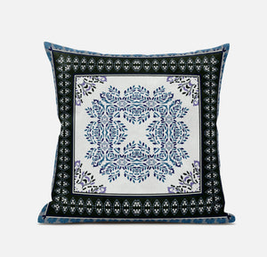 Homeroots 28" White Dark Blue And Light Blue Damask Indoor Outdoor Throw Pillow   414833
