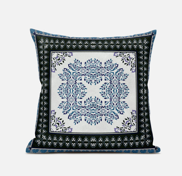 Homeroots 28" White Dark Blue And Light Blue Damask Indoor Outdoor Throw Pillow   414833